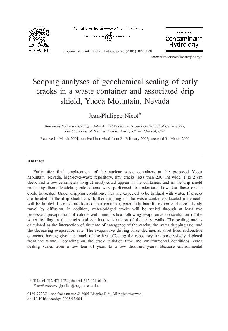 Scoping analyses of geochemical sealing of early cracks in a waste container and associated drip shield, Yucca Mountain, Nevada