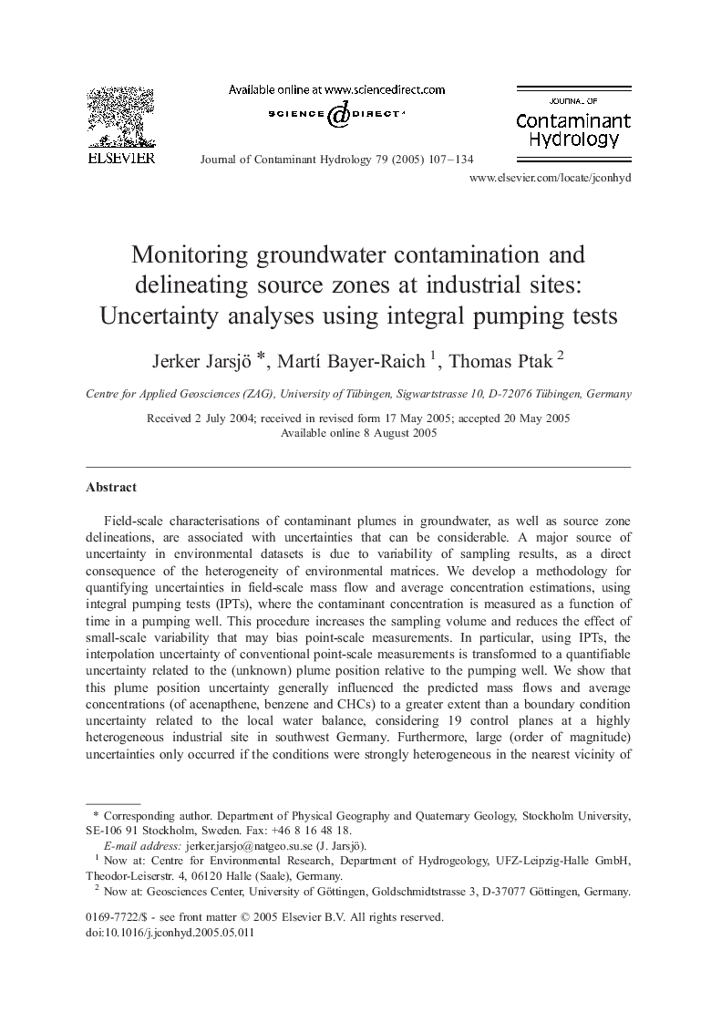 Monitoring groundwater contamination and delineating source zones at industrial sites: Uncertainty analyses using integral pumping tests