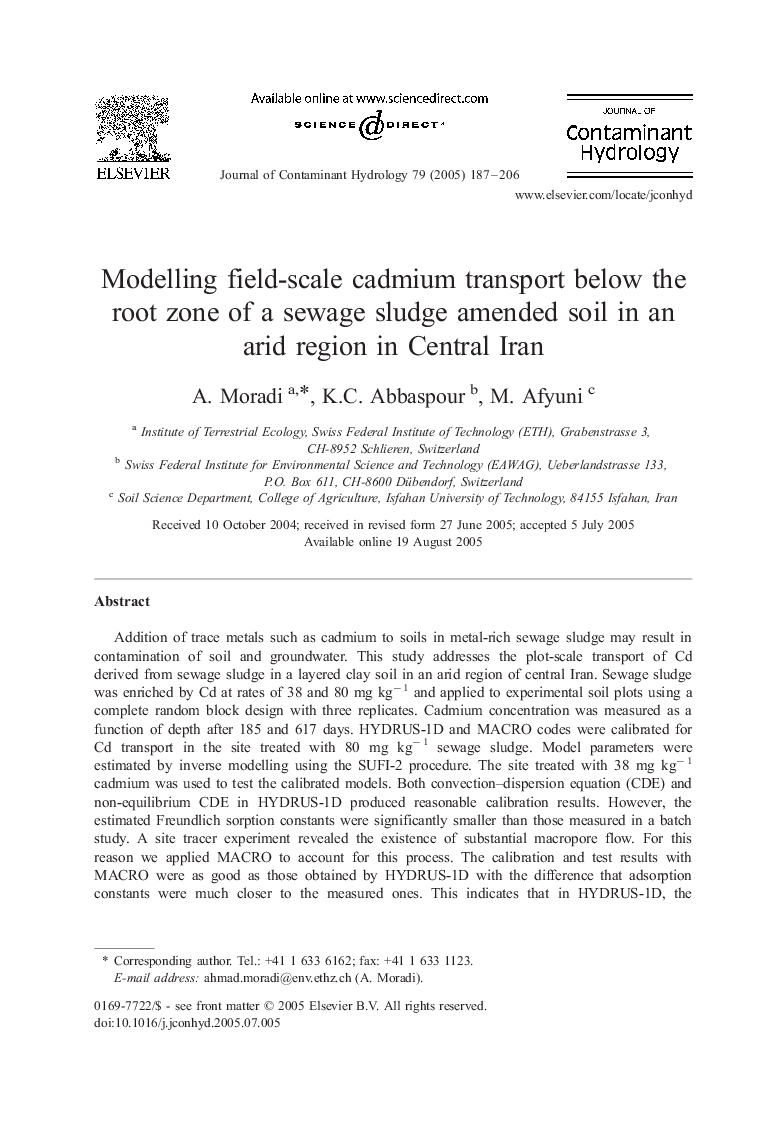 Modelling field-scale cadmium transport below the root zone of a sewage sludge amended soil in an arid region in Central Iran