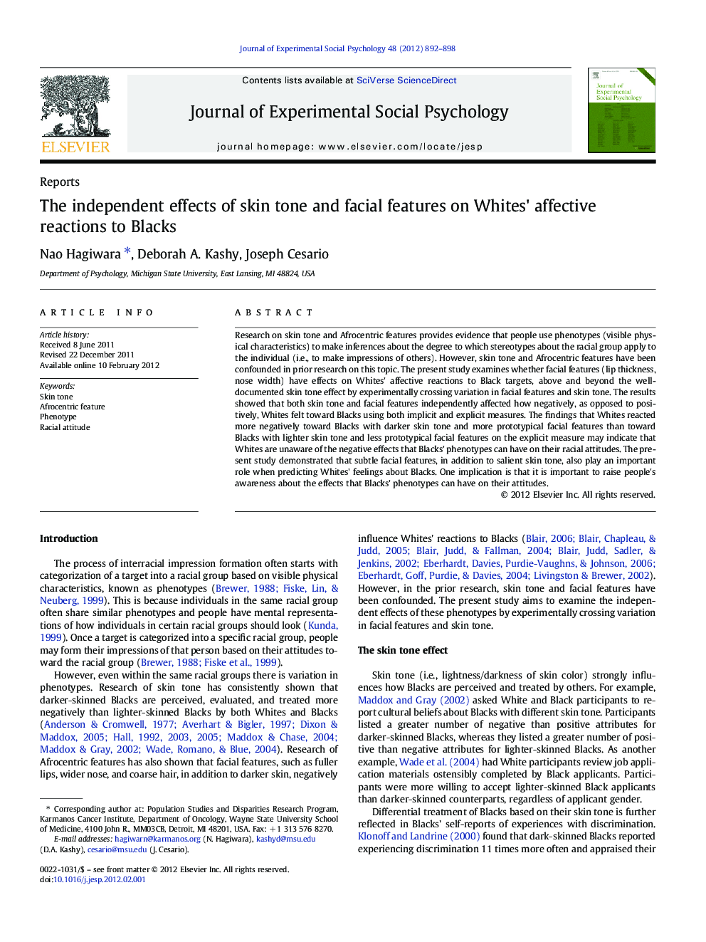 The independent effects of skin tone and facial features on Whites' affective reactions to Blacks