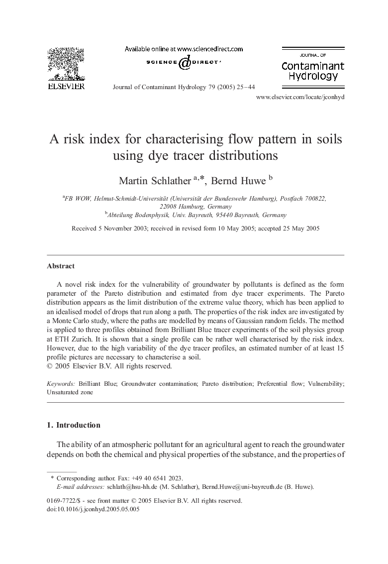 A risk index for characterising flow pattern in soils using dye tracer distributions