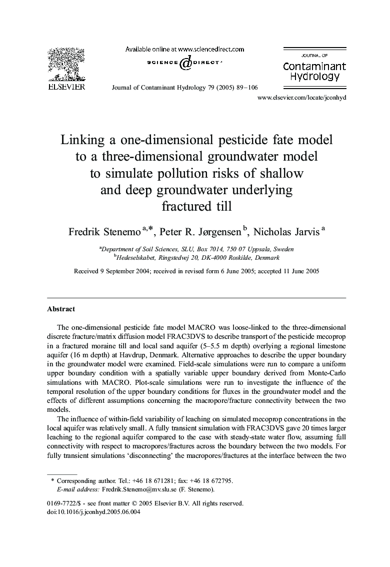 Linking a one-dimensional pesticide fate model to a three-dimensional groundwater model to simulate pollution risks of shallow and deep groundwater underlying fractured till