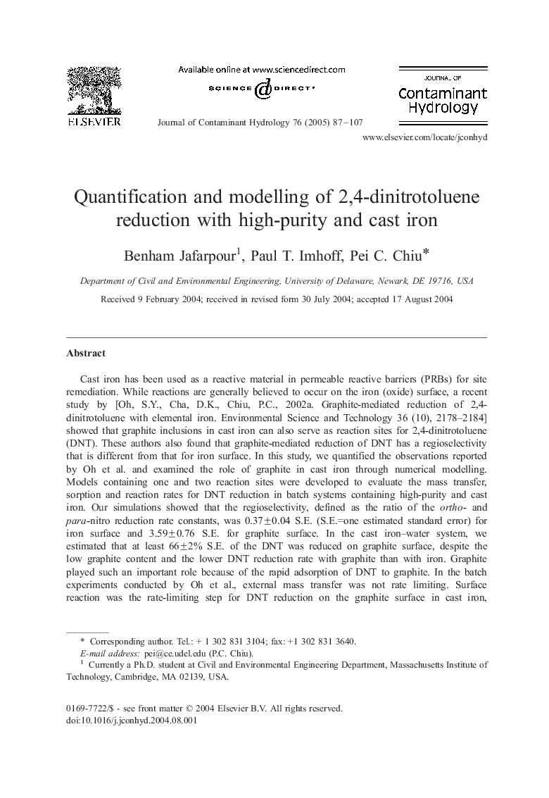 Quantification and modelling of 2,4-dinitrotoluene reduction with high-purity and cast iron