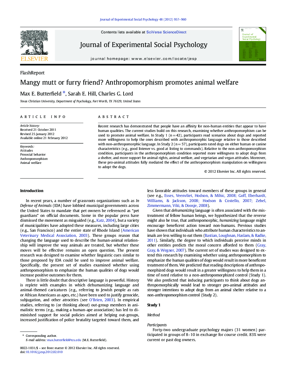 Mangy mutt or furry friend? Anthropomorphism promotes animal welfare