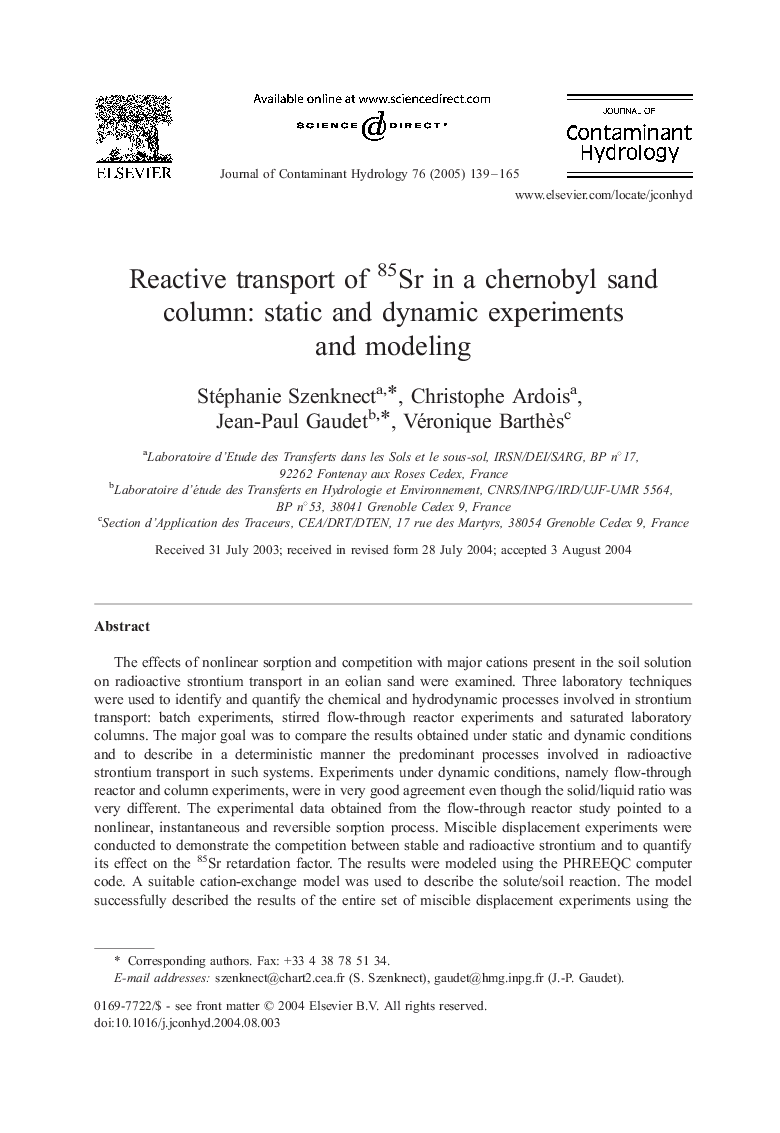 Reactive transport of 85Sr in a chernobyl sand column: static and dynamic experiments and modeling