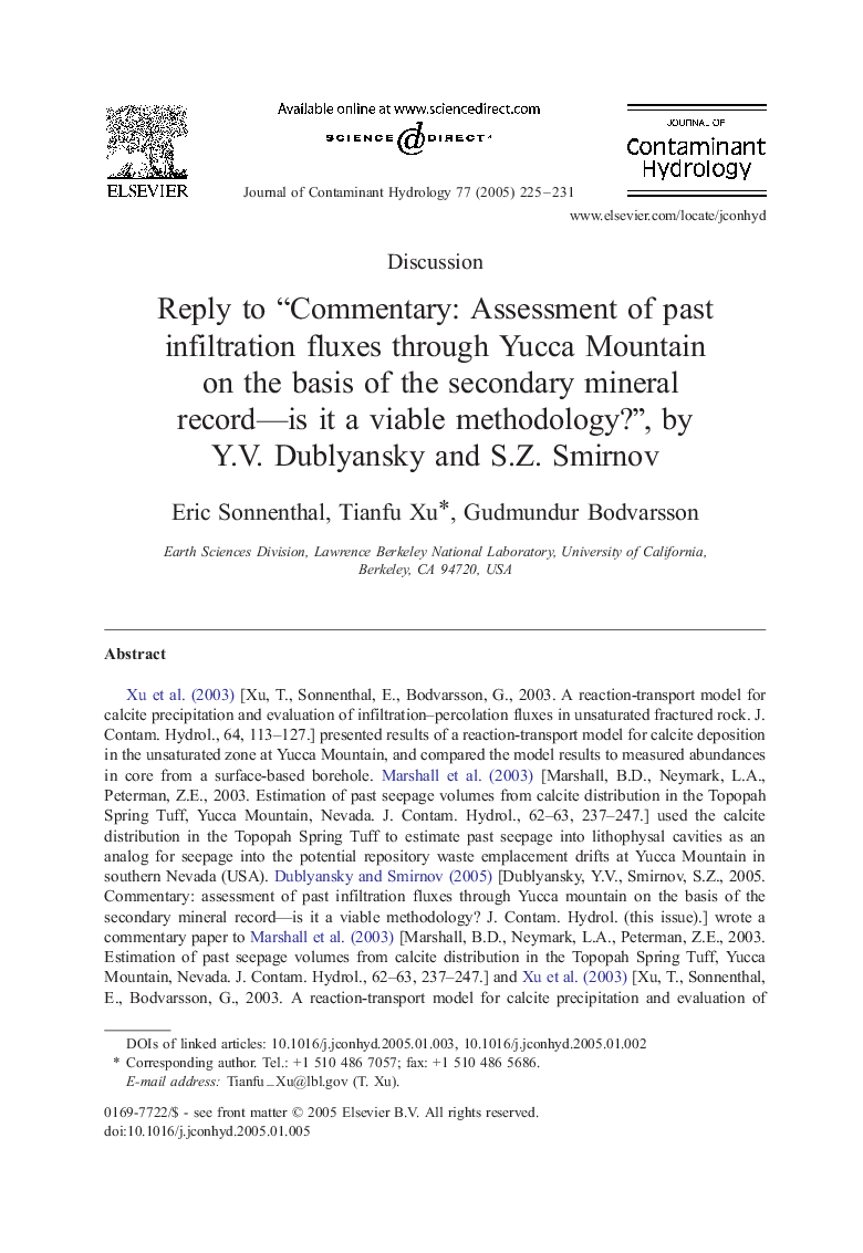 Reply to “Commentary: Assessment of past infiltration fluxes through Yucca Mountain on the basis of the secondary mineral record-is it a viable methodology?”, by Y.V. Dublyansky and S.Z. Smirnov