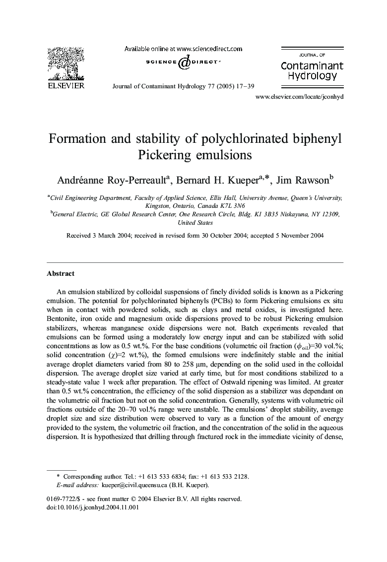 Formation and stability of polychlorinated biphenyl Pickering emulsions