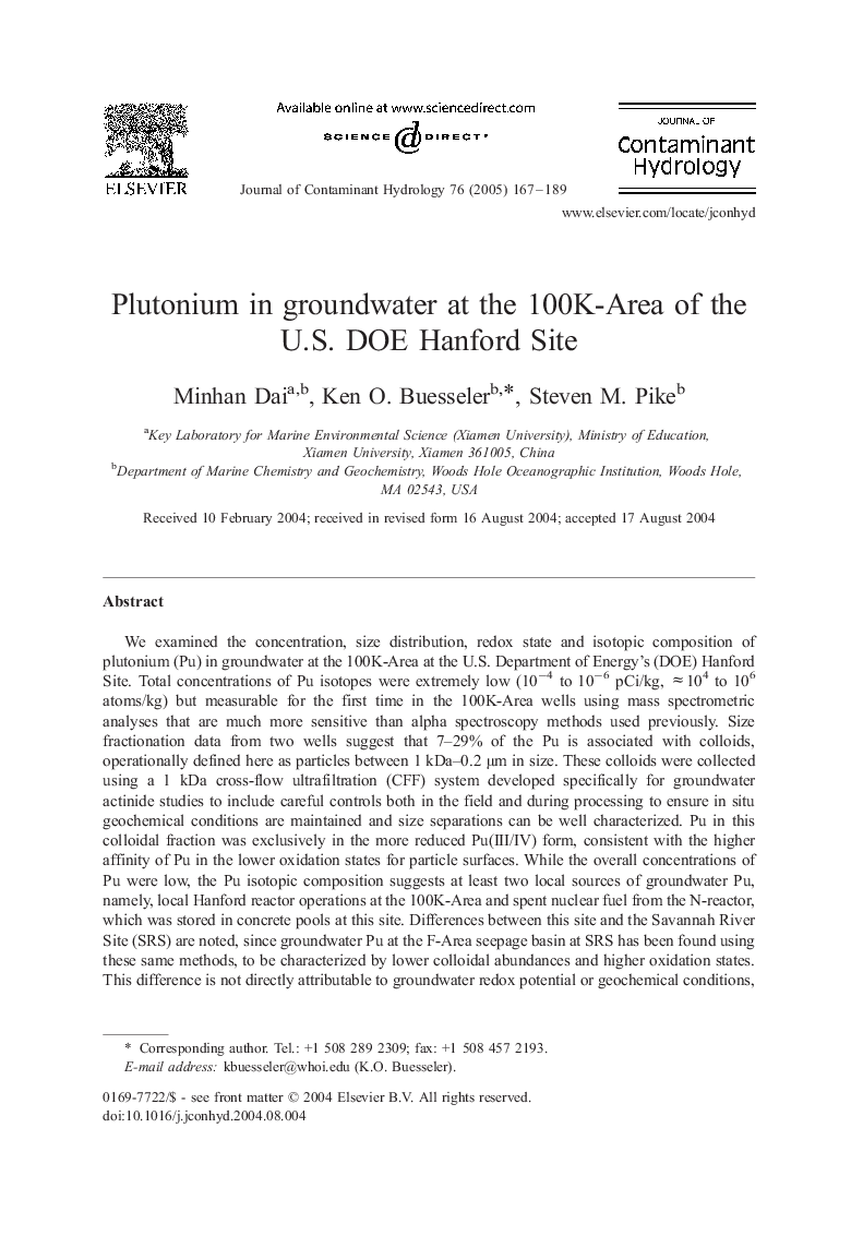 Plutonium in groundwater at the 100K-Area of the U.S. DOE Hanford Site