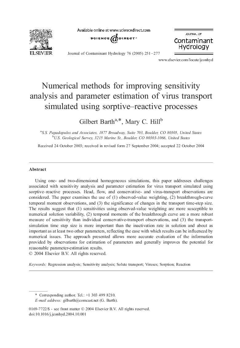 Numerical methods for improving sensitivity analysis and parameter estimation of virus transport simulated using sorptive-reactive processes