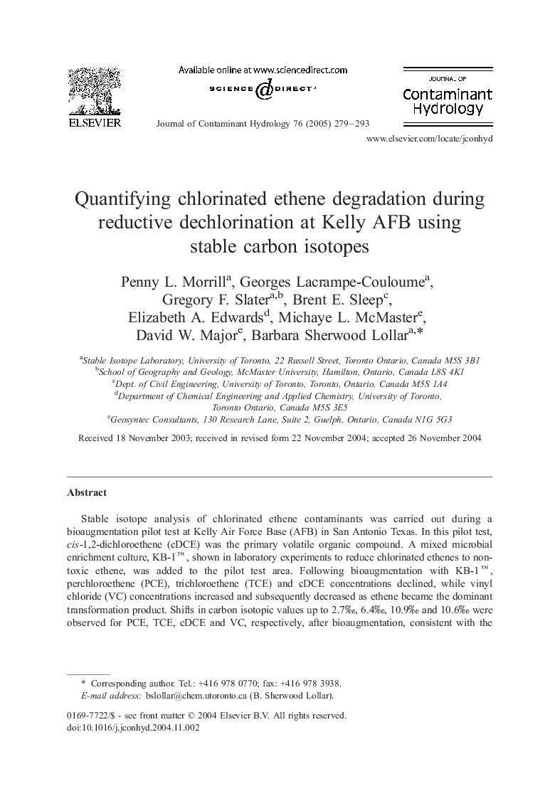 Quantifying chlorinated ethene degradation during reductive dechlorination at Kelly AFB using stable carbon isotopes