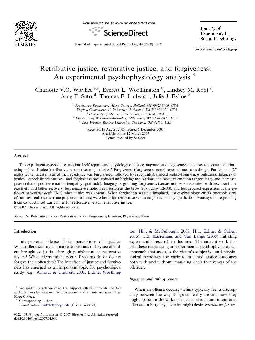 Retributive justice, restorative justice, and forgiveness: An experimental psychophysiology analysis 