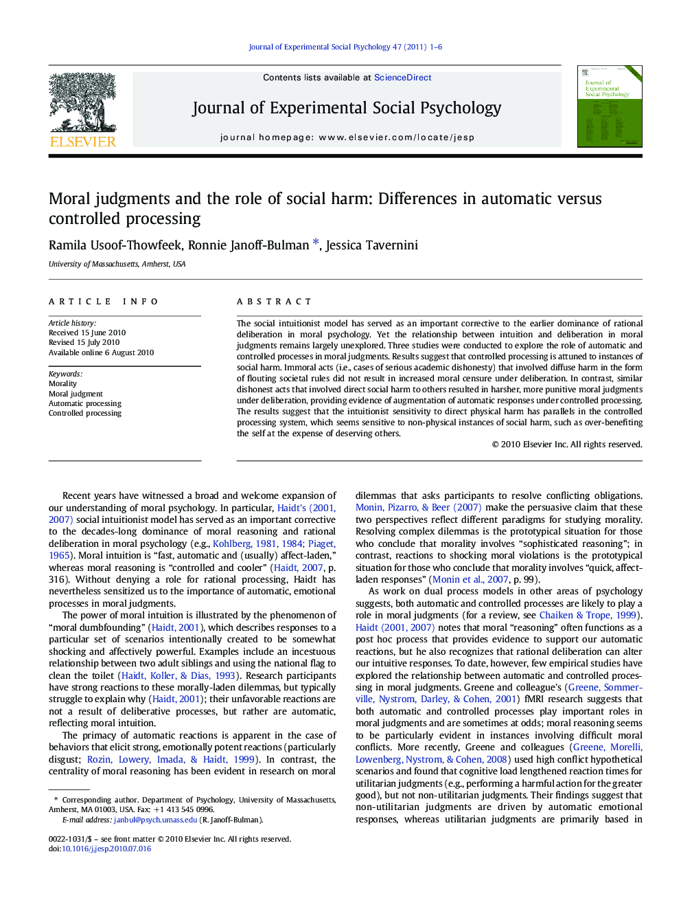 Moral judgments and the role of social harm: Differences in automatic versus controlled processing