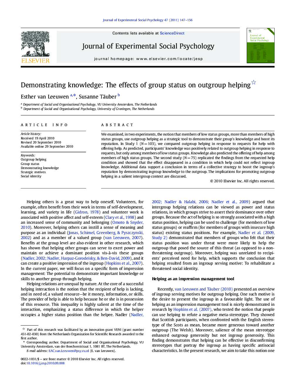 Demonstrating knowledge: The effects of group status on outgroup helping 