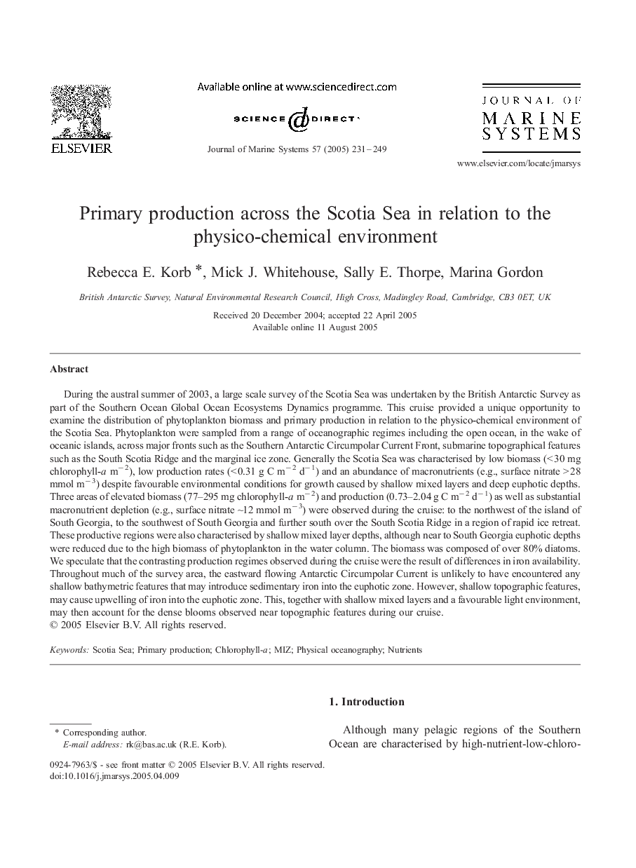 Primary production across the Scotia Sea in relation to the physico-chemical environment