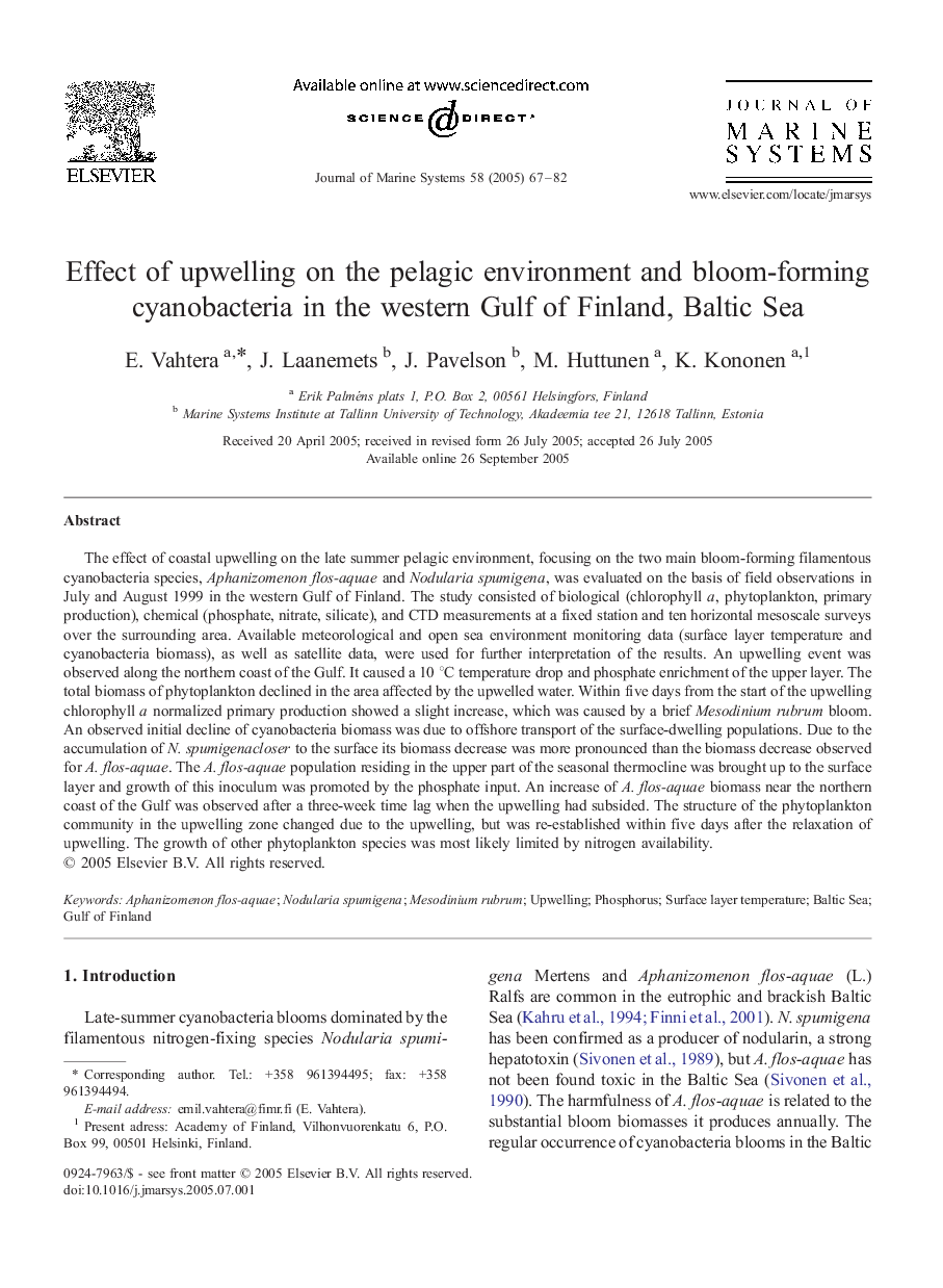 Effect of upwelling on the pelagic environment and bloom-forming cyanobacteria in the western Gulf of Finland, Baltic Sea