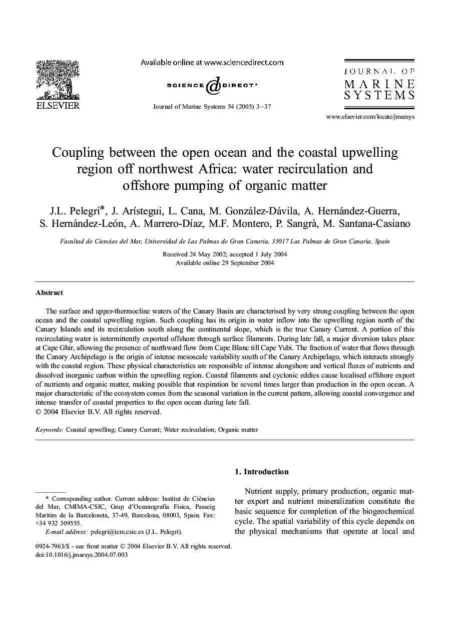 Coupling between the open ocean and the coastal upwelling region off northwest Africa: water recirculation and offshore pumping of organic matter