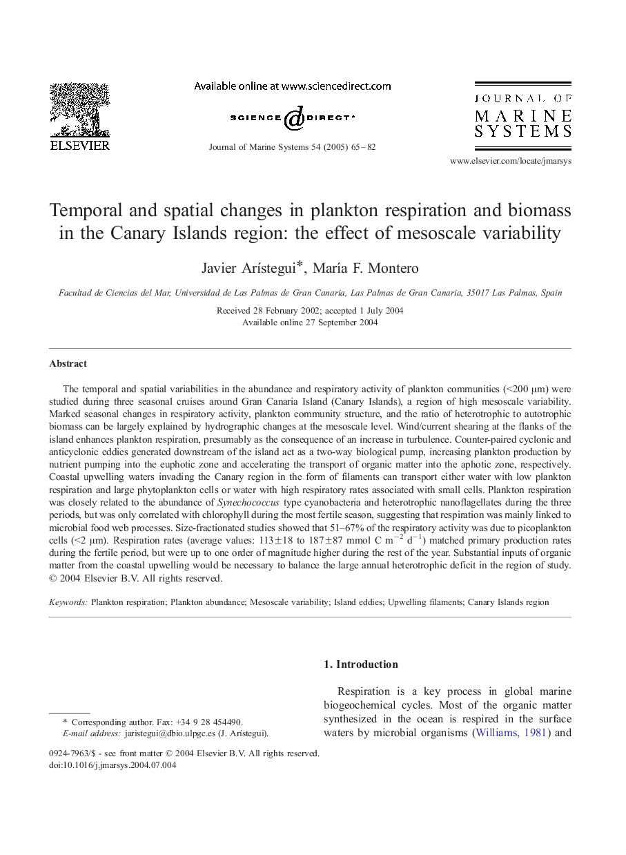 Temporal and spatial changes in plankton respiration and biomass in the Canary Islands region: the effect of mesoscale variability