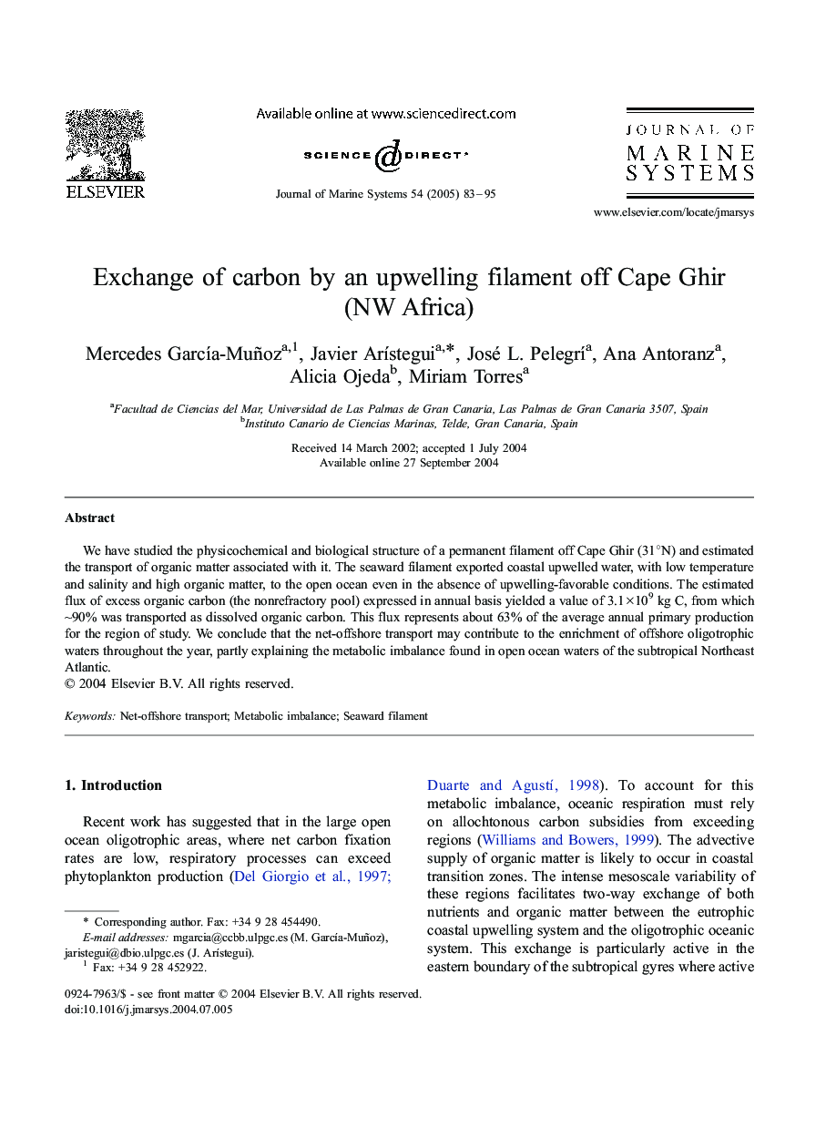 Exchange of carbon by an upwelling filament off Cape Ghir (NW Africa)