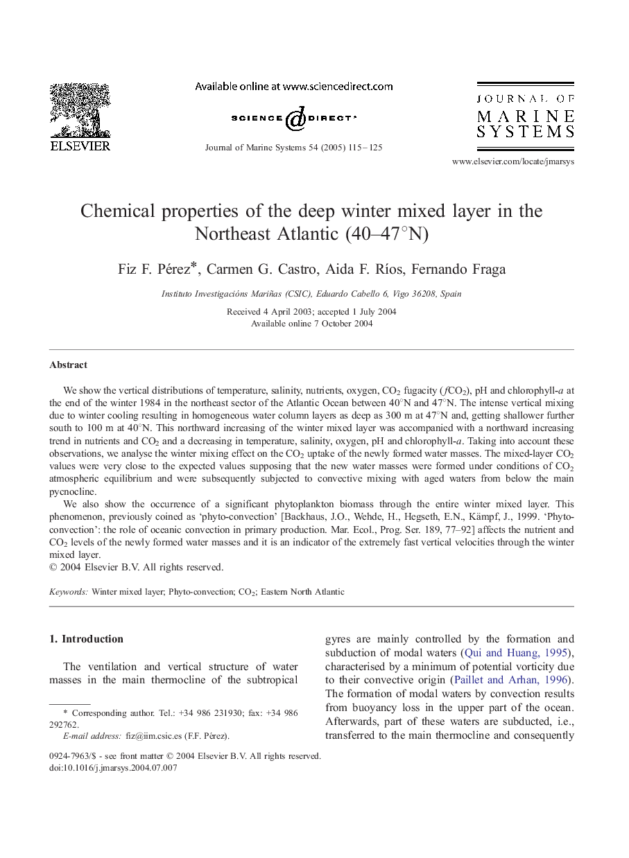 Chemical properties of the deep winter mixed layer in the Northeast Atlantic (40-47Â°N)