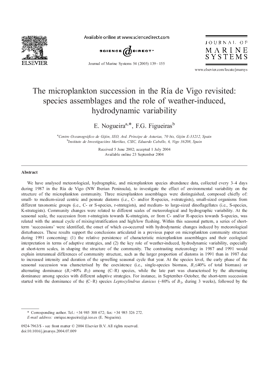 The microplankton succession in the RÃ­a de Vigo revisited: species assemblages and the role of weather-induced, hydrodynamic variability