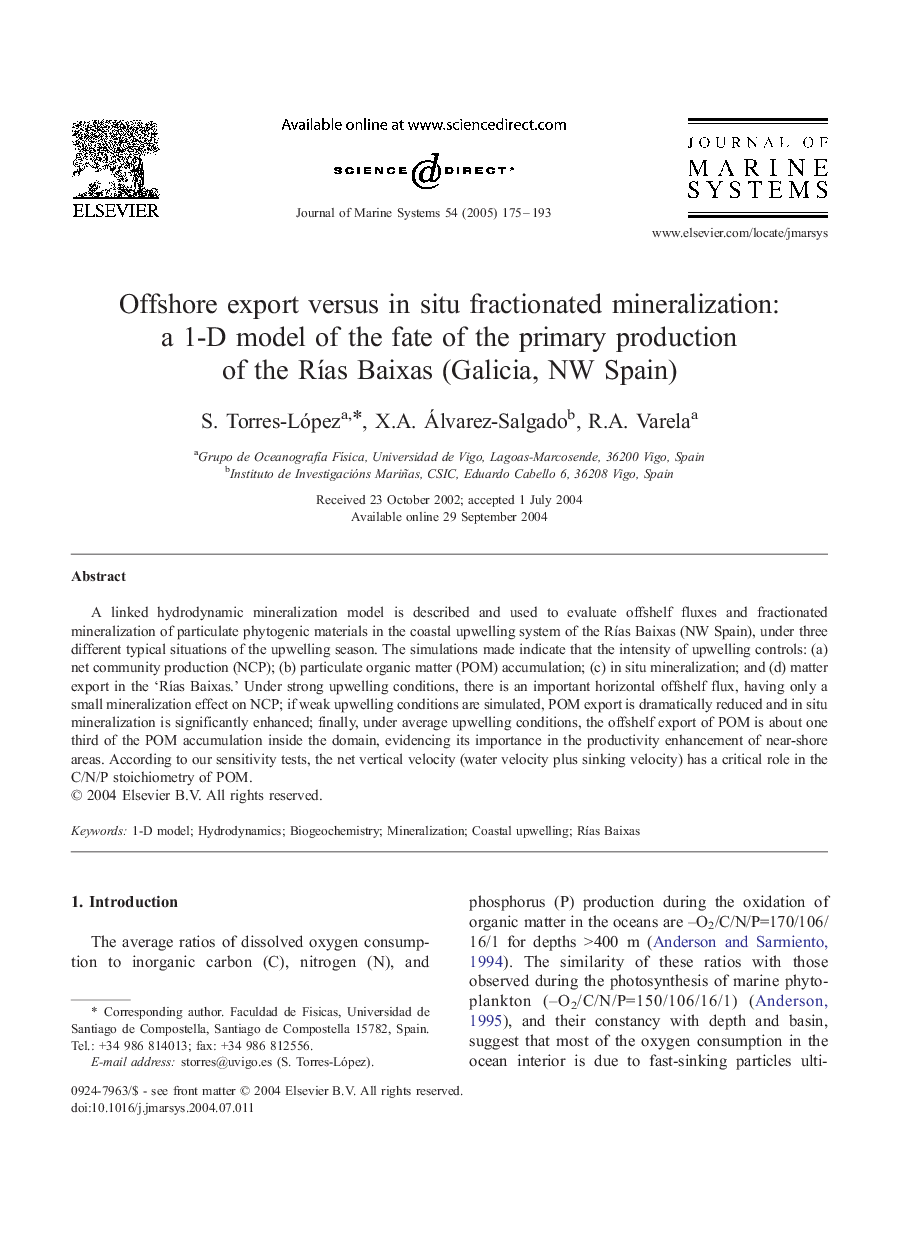 Offshore export versus in situ fractionated mineralization: a 1-D model of the fate of the primary production of the RÃ­as Baixas (Galicia, NW Spain)