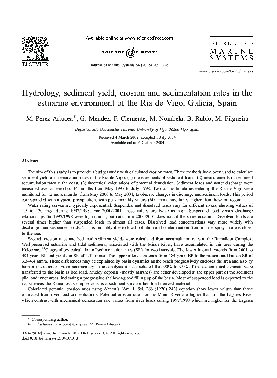 Hydrology, sediment yield, erosion and sedimentation rates in the estuarine environment of the Ria de Vigo, Galicia, Spain
