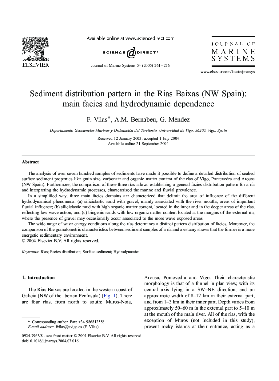 Sediment distribution pattern in the Rias Baixas (NW Spain): main facies and hydrodynamic dependence