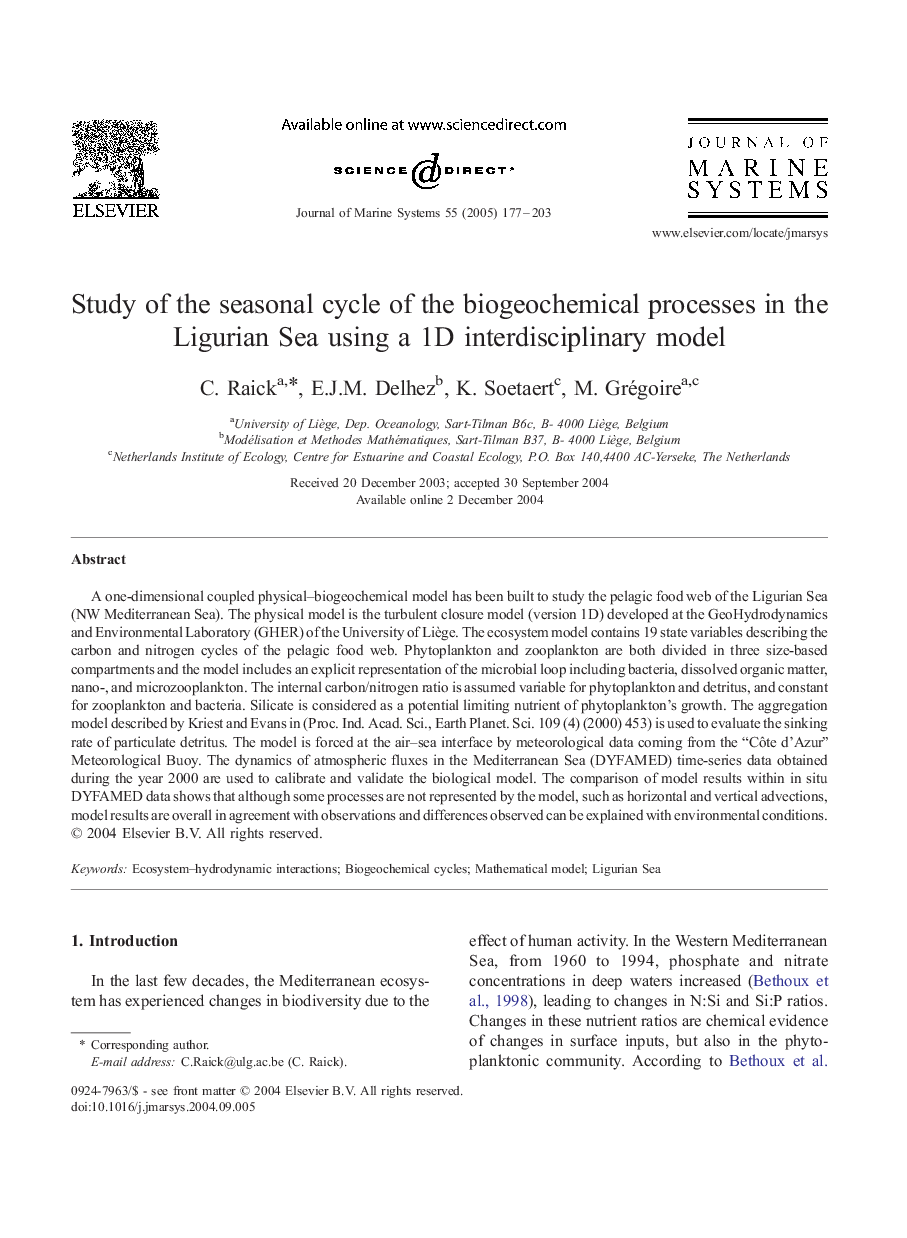 Study of the seasonal cycle of the biogeochemical processes in the Ligurian Sea using a 1D interdisciplinary model