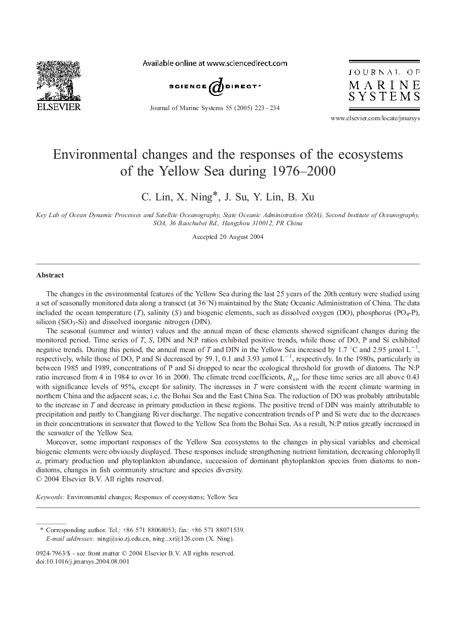 Environmental changes and the responses of the ecosystems of the Yellow Sea during 1976-2000