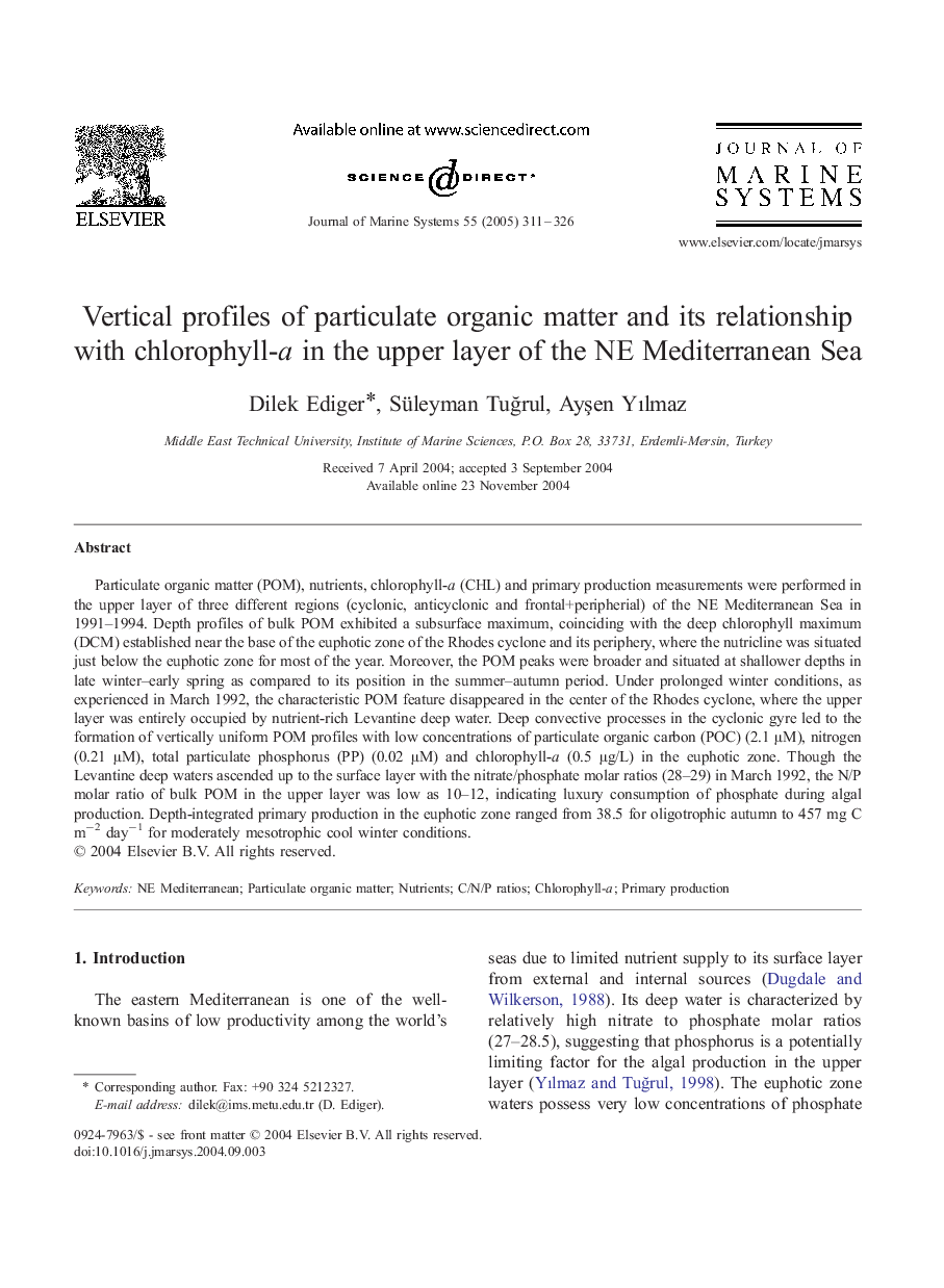 Vertical profiles of particulate organic matter and its relationship with chlorophyll-a in the upper layer of the NE Mediterranean Sea