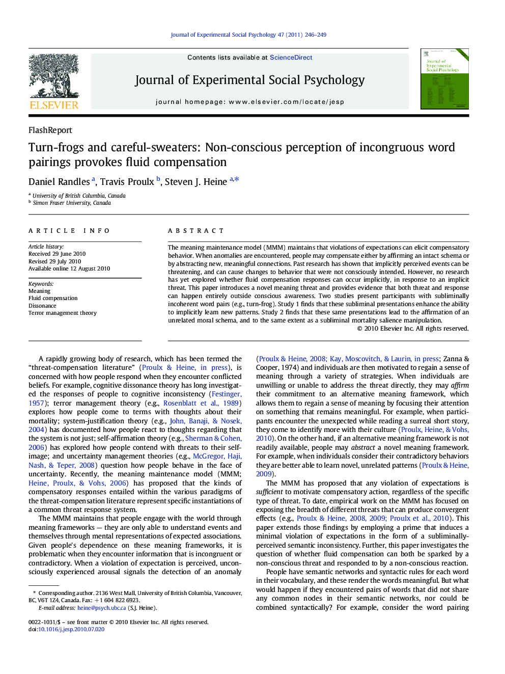 Turn-frogs and careful-sweaters: Non-conscious perception of incongruous word pairings provokes fluid compensation