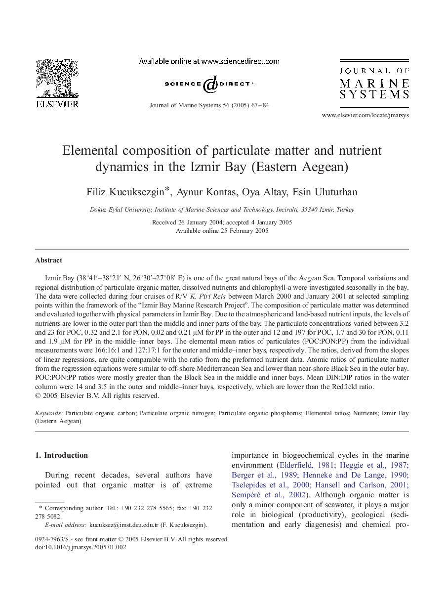 Elemental composition of particulate matter and nutrient dynamics in the Izmir Bay (Eastern Aegean)