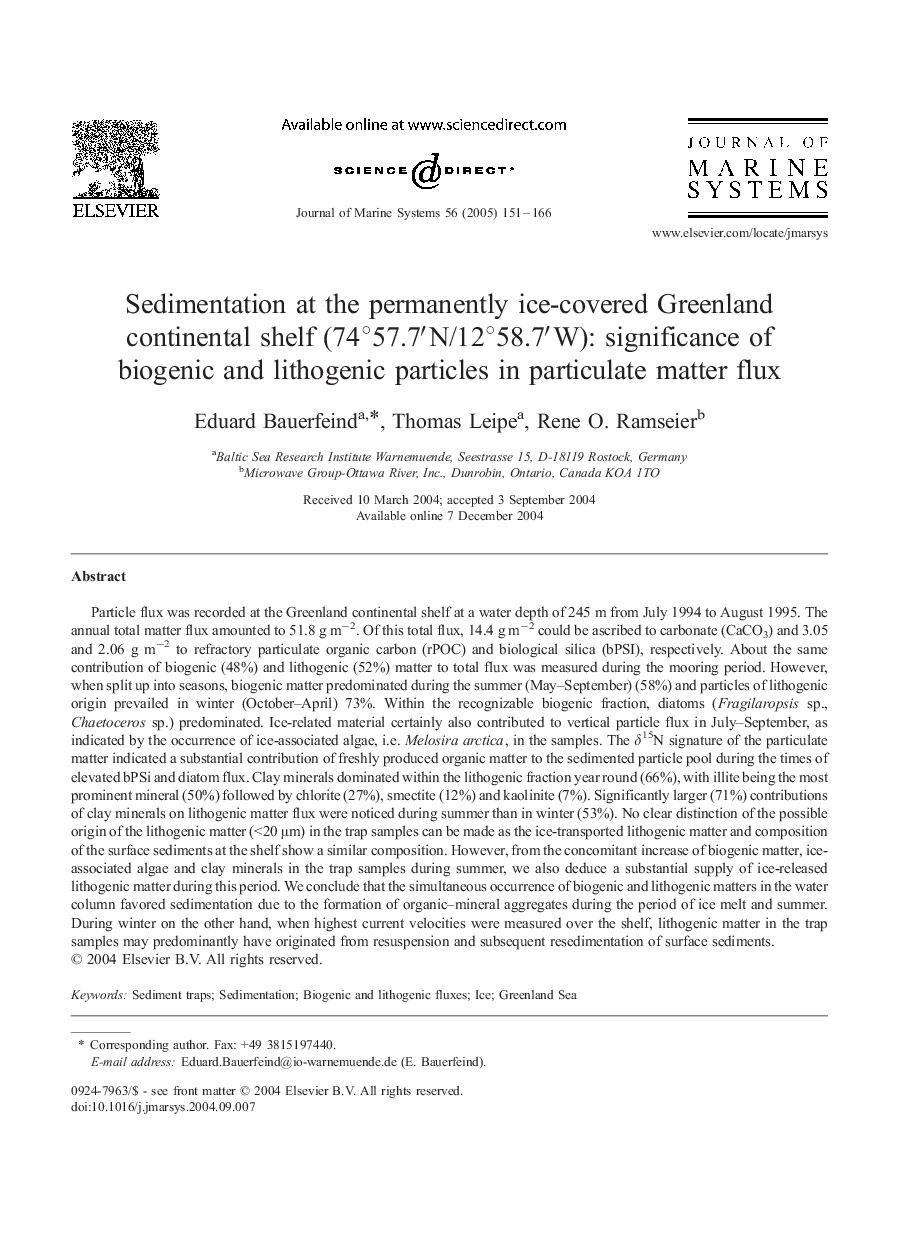 Sedimentation at the permanently ice-covered Greenland continental shelf (74Â°57.7â²N/12Â°58.7â²W): significance of biogenic and lithogenic particles in particulate matter flux