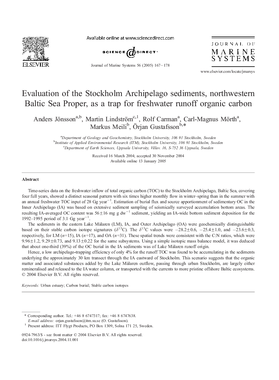 Evaluation of the Stockholm Archipelago sediments, northwestern Baltic Sea Proper, as a trap for freshwater runoff organic carbon