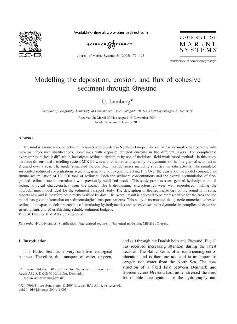 Modelling the deposition, erosion, and flux of cohesive sediment through Ãresund