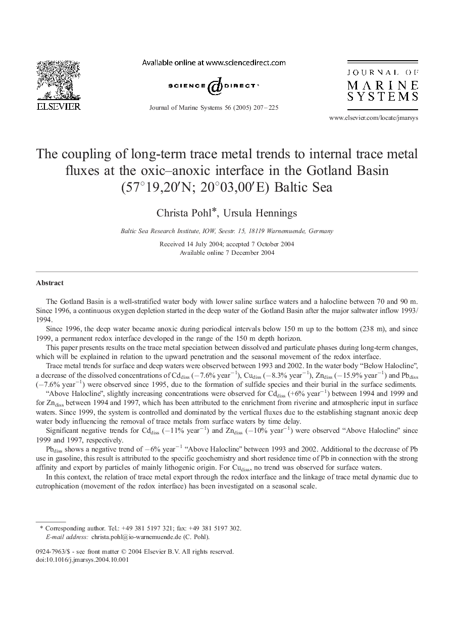 The coupling of long-term trace metal trends to internal trace metal fluxes at the oxic-anoxic interface in the Gotland Basin (57Â°19,20â²N; 20Â°03,00â²E) Baltic Sea