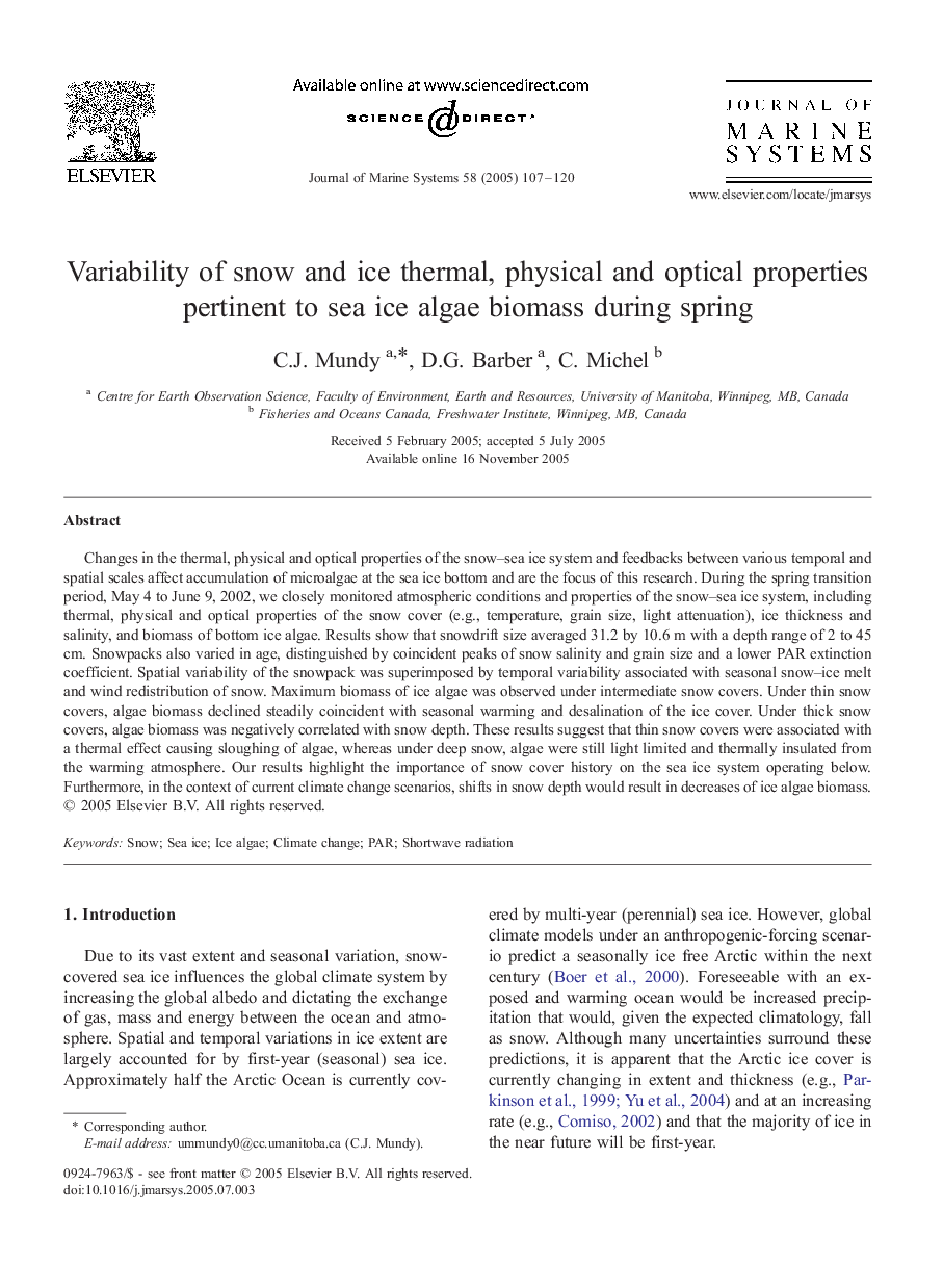 Variability of snow and ice thermal, physical and optical properties pertinent to sea ice algae biomass during spring