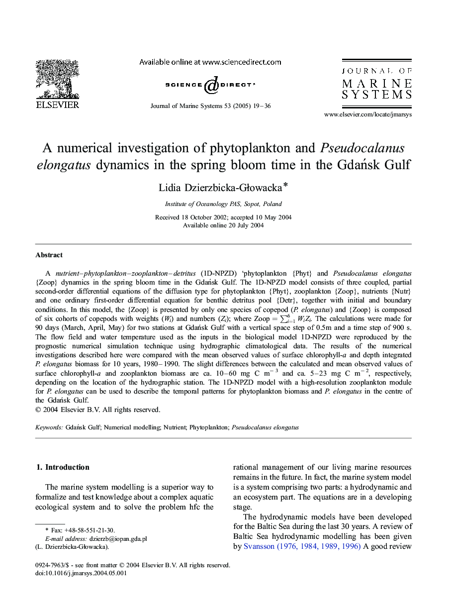 A numerical investigation of phytoplankton and Pseudocalanus elongatus dynamics in the spring bloom time in the GdaÅsk Gulf