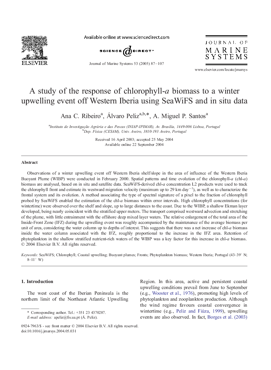 A study of the response of chlorophyll-a biomass to a winter upwelling event off Western Iberia using SeaWiFS and in situ data