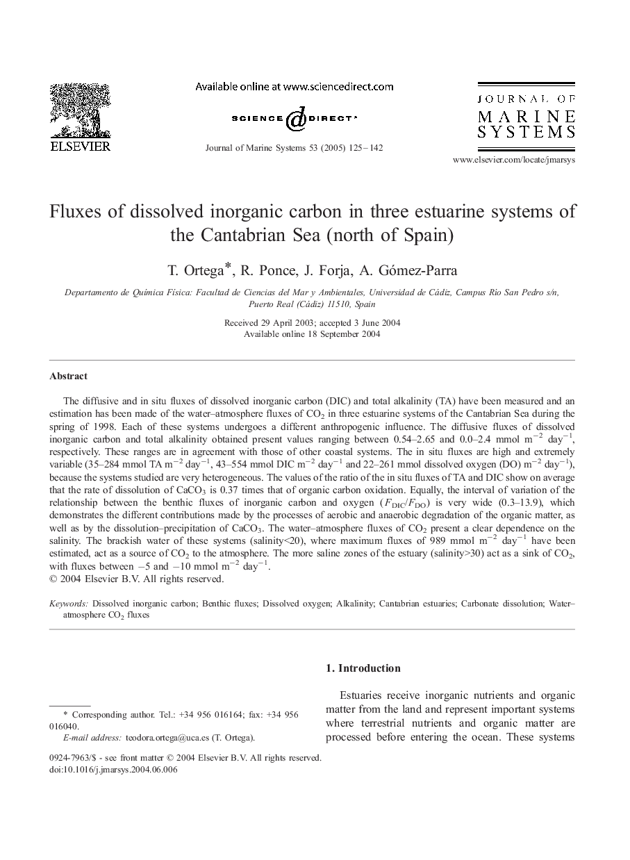 Fluxes of dissolved inorganic carbon in three estuarine systems of the Cantabrian Sea (north of Spain)