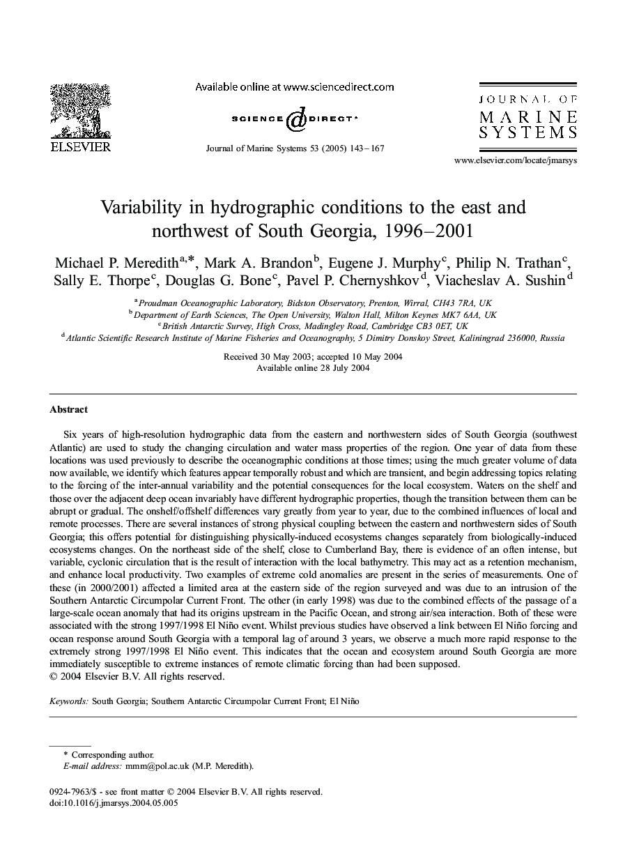 Variability in hydrographic conditions to the east and northwest of South Georgia, 1996-2001