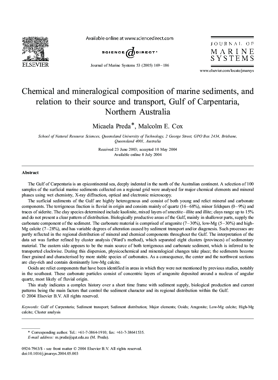 Chemical and mineralogical composition of marine sediments, and relation to their source and transport, Gulf of Carpentaria, Northern Australia