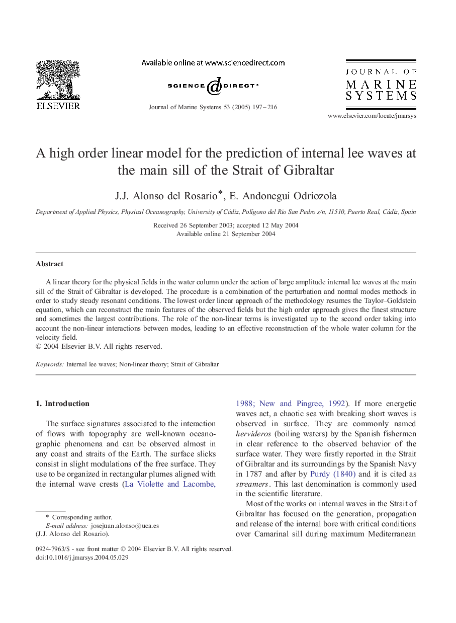 A high order linear model for the prediction of internal lee waves at the main sill of the Strait of Gibraltar