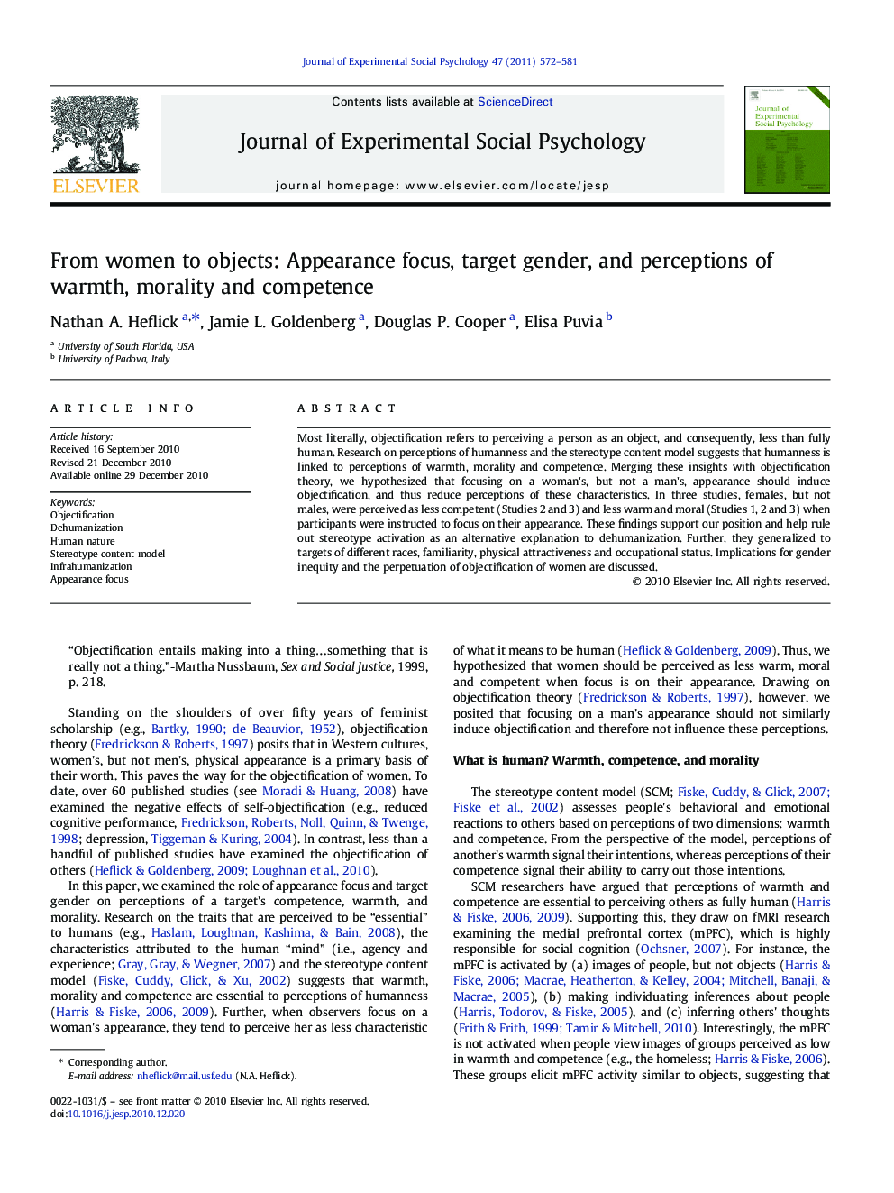 From women to objects: Appearance focus, target gender, and perceptions of warmth, morality and competence