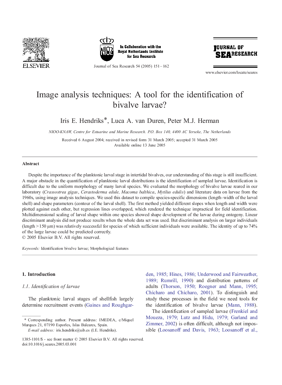 Image analysis techniques: A tool for the identification of bivalve larvae?