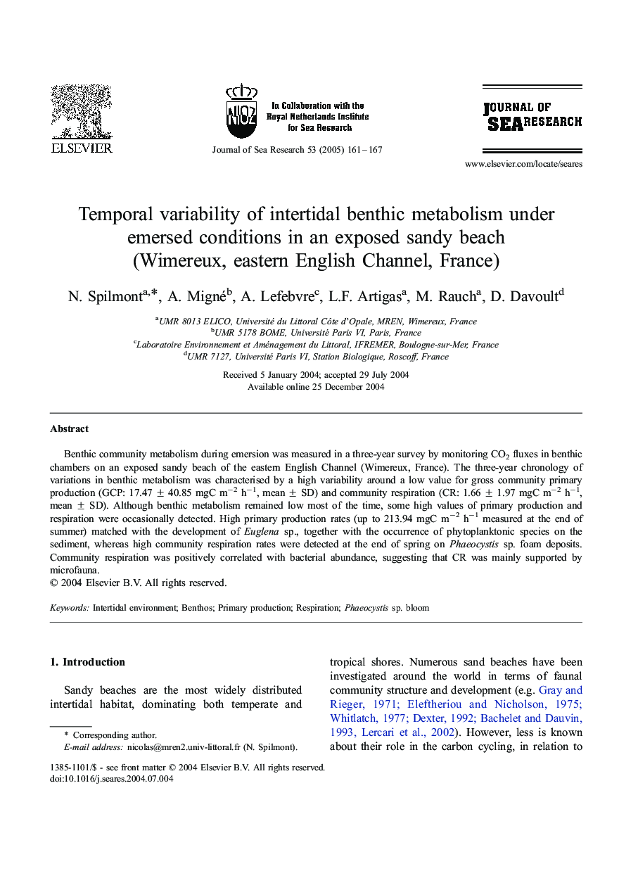 Temporal variability of intertidal benthic metabolism under emersed conditions in an exposed sandy beach (Wimereux, eastern English Channel, France)