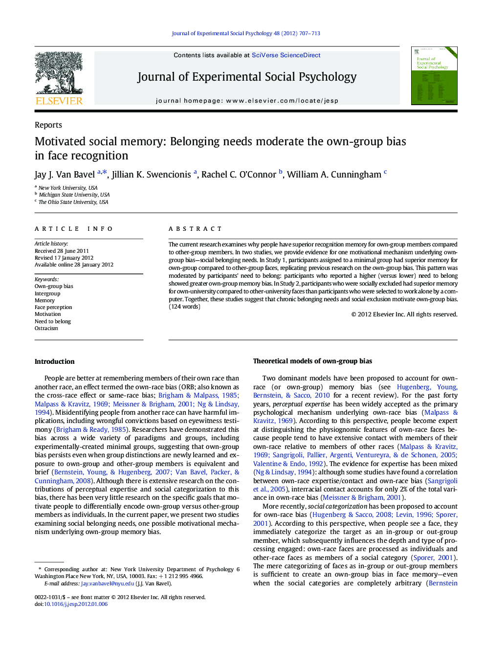 Motivated social memory: Belonging needs moderate the own-group bias in face recognition