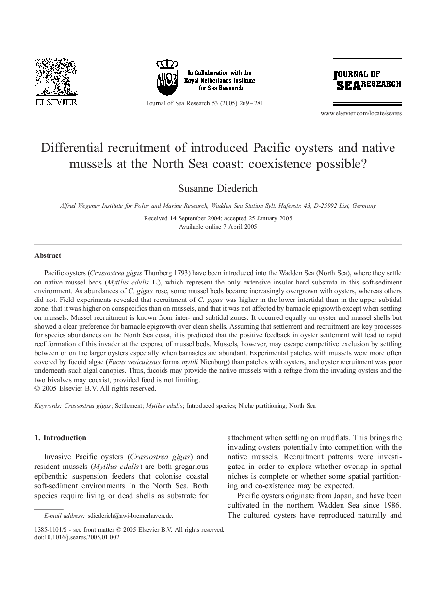 Differential recruitment of introduced Pacific oysters and native mussels at the North Sea coast: coexistence possible?