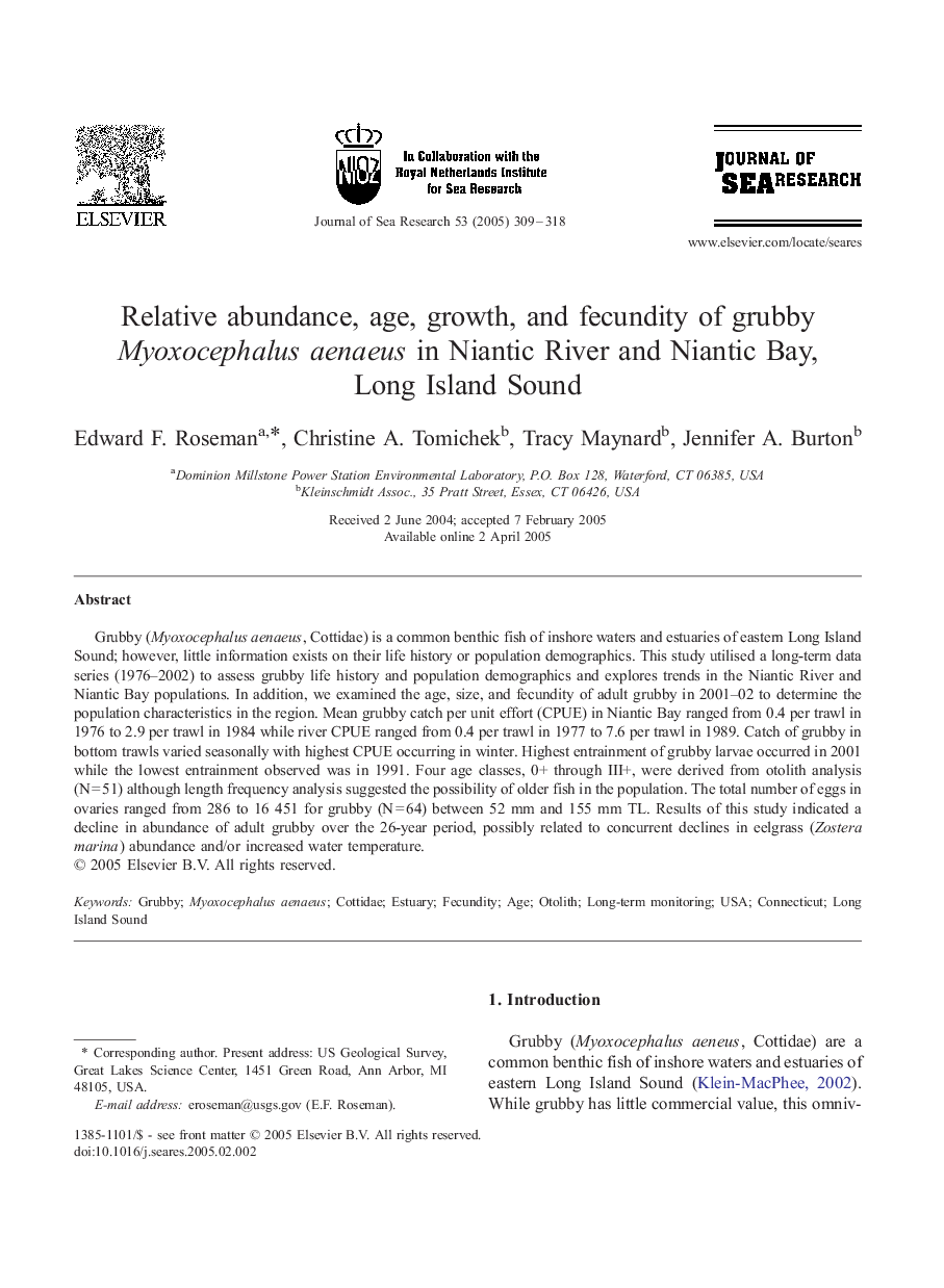 Relative abundance, age, growth, and fecundity of grubby Myoxocephalus aenaeus in Niantic River and Niantic Bay, Long Island Sound