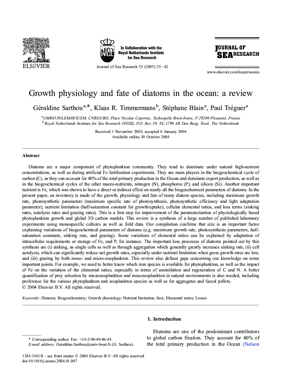 Growth physiology and fate of diatoms in the ocean: a review